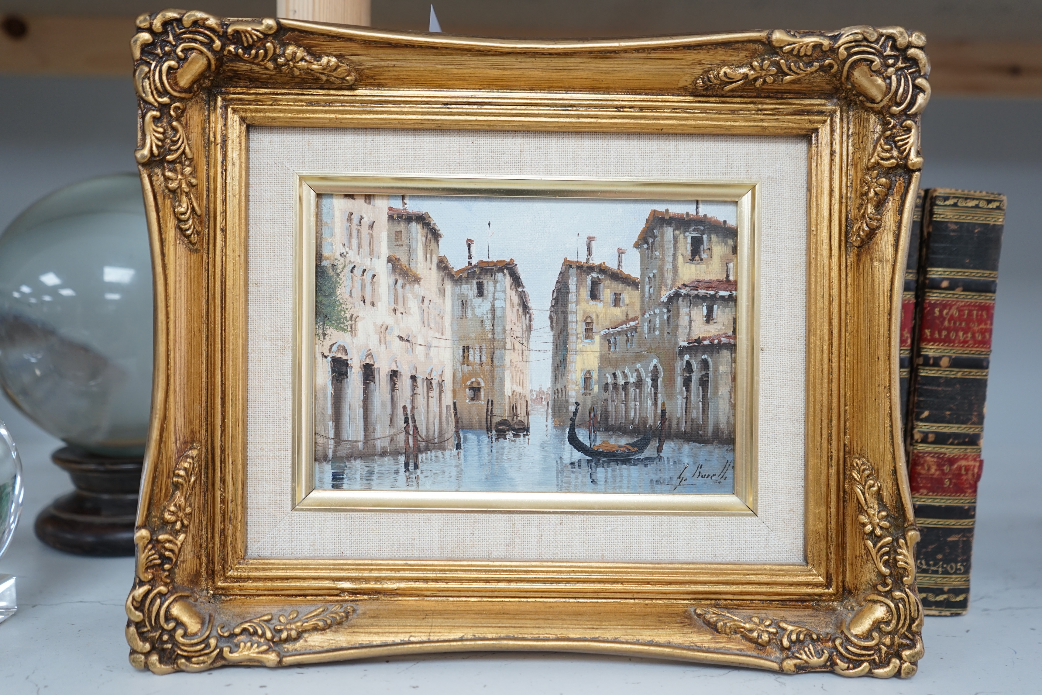 Guido Borelli (Italian b.1952), set of three oils on board, Italian views, comprising Venetian canals and rural landscape, each signed, 11.5 x 16.5cm, ornate gilt framed. Condition - good